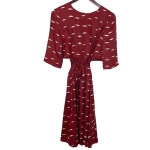 NWOT Hobbs London Jewelneck Flutter A Line Midi Dress in Burgundy Brushstroke